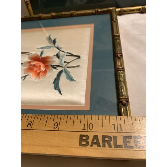 Set of 3 Vintage Chinese Silk Bird & Flower Paintings In Faux Bamboo Frames - Picture 11 of 14